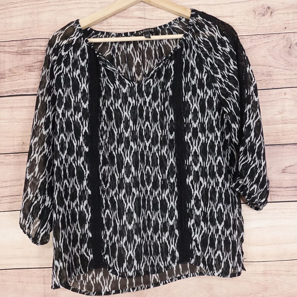 EXPRESS BLACK WHITE SHEER SEE THRU BLOUSE TOP WOMENS SZ S SMALL